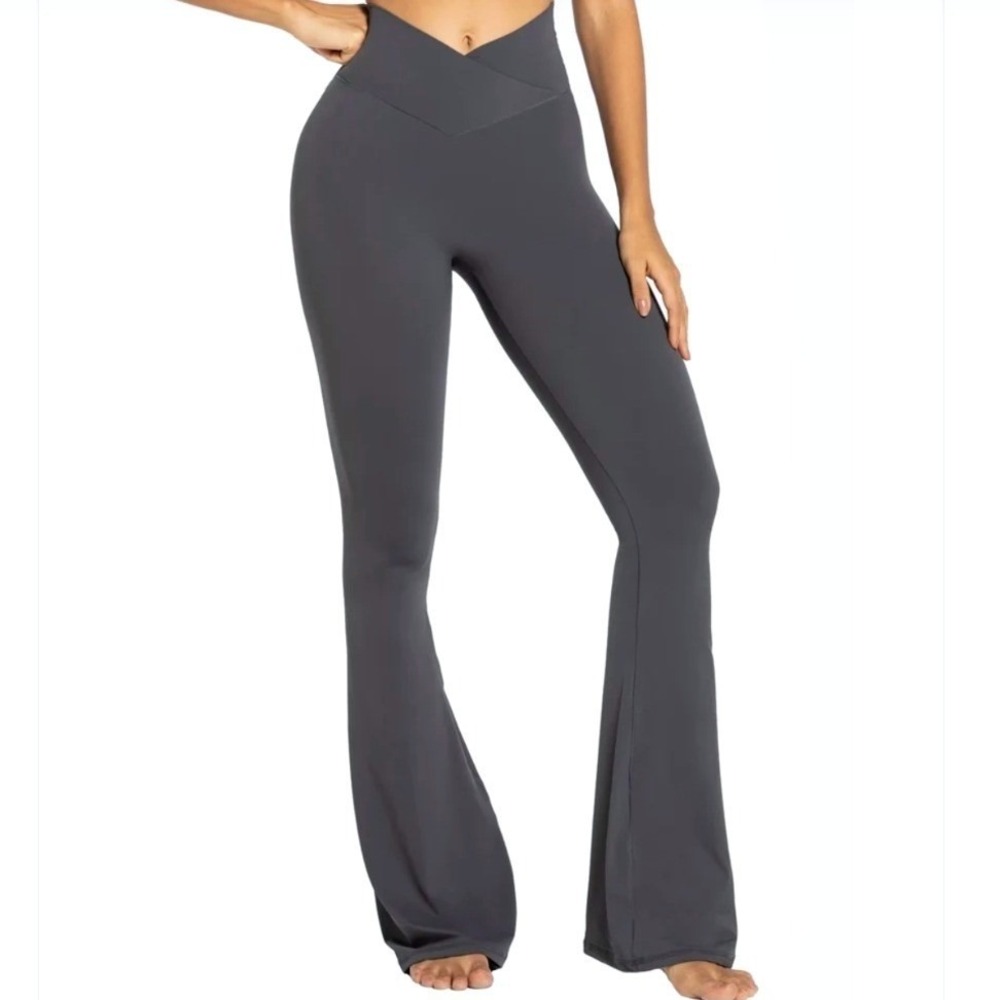 Crossover V Waist Flare Yoga Pants Black High Rise Leggings Gym Stretch Large